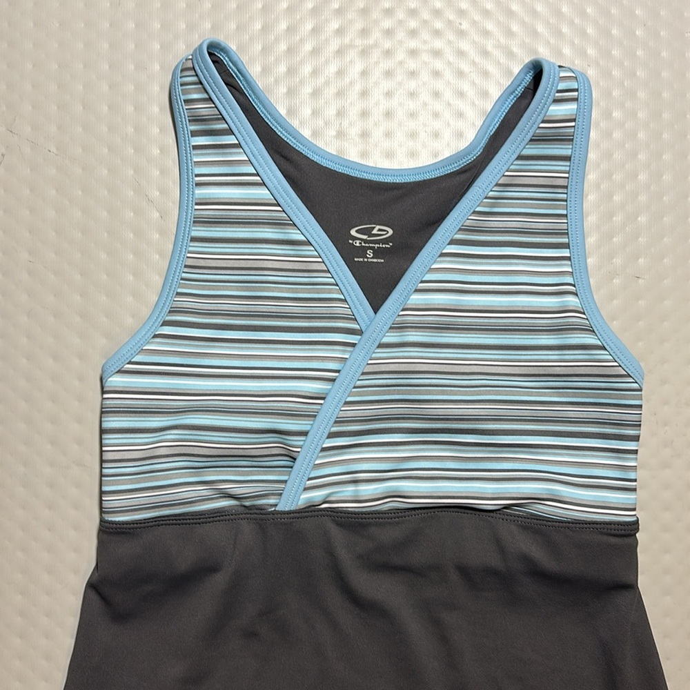 Sleeveless athletic top by Champion faux-wrap stripes blue white grey Adult S - Picture 2 of 9